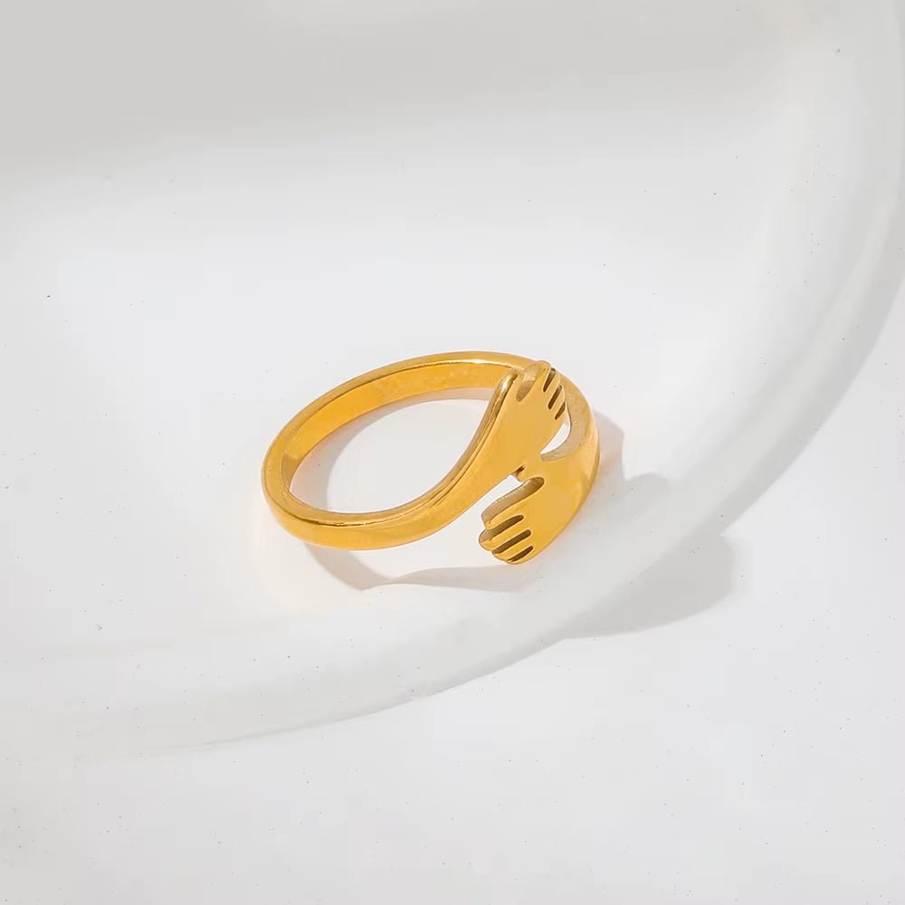 High End 18K Gold Plated Hand Hug Stainless Steel Finger Rings Fashion Jewelry - MCROONS.COM