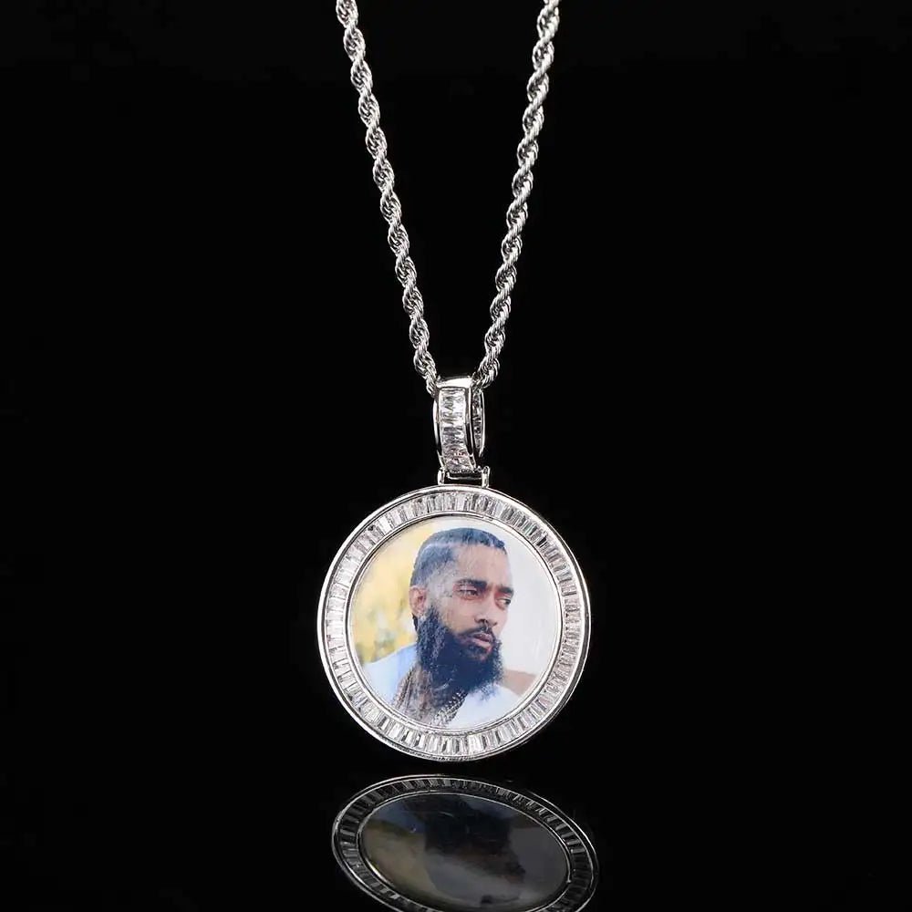 Hip Hop Jewelry CZ Custom Free Rope Chain round Picture Pendant Custom Baguette Diamond Photo Pendants - MCROONS.COM