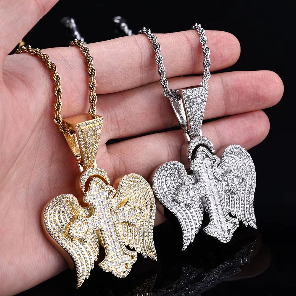 Hip Hop Jewelyr Iced Out Diamond Cross Pendant White Gold Full Pave Shiny Zircon Angel Wings Cross Pendant for Gift - MCROONS.COM