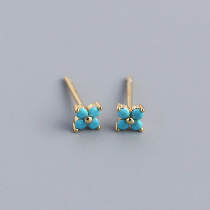 KR Simple Diamond S925 Silver INS Four Leaf Flower Earrings Sweet and Small Colorful Flower Earrings - MCROONS.COM