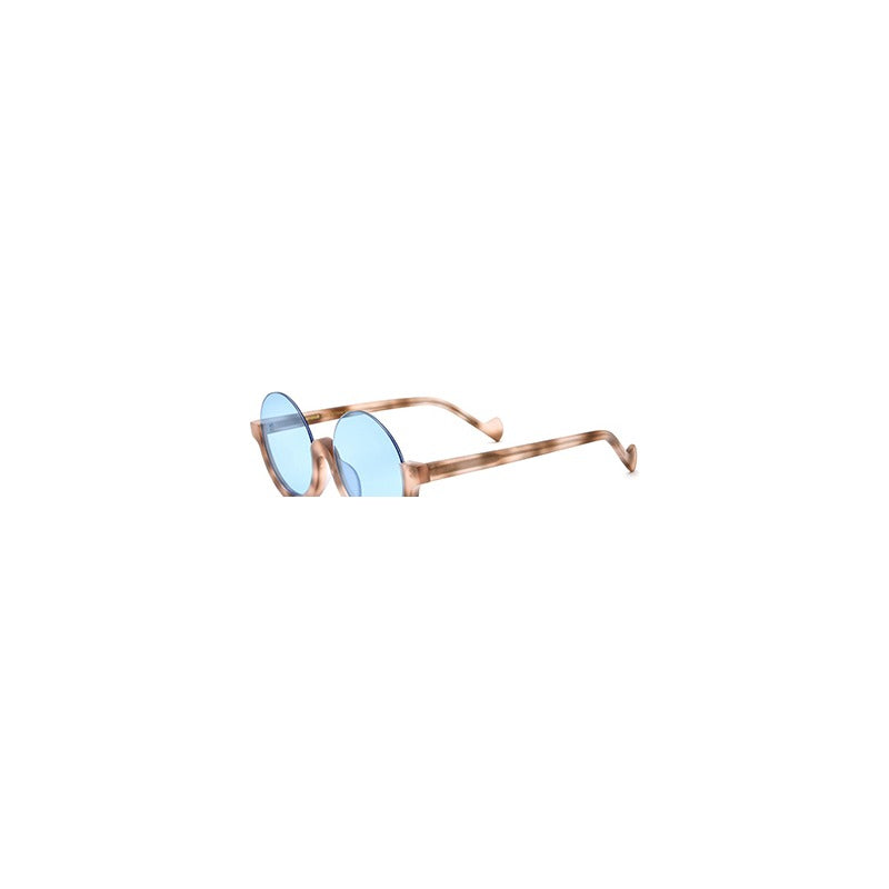 Retro Round Semi-Rimless Acetate Sunglasses - Leopard Blue Lens - MCROONS