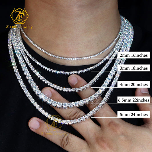 MCROONS luxury silver tennis chain necklace and bracelet with VVS moissanite stones in 2mm to 5mm sizes, stylish jewelry for men and women.