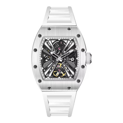 Men'S Trendy Luxury Skeleton Mechanical Watch Luminous Carbon Fiber Barrel - Type with Silicone Band Summer Type - MCROONS.COM