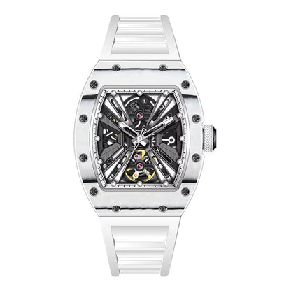 Men'S Trendy Luxury Skeleton Mechanical Watch Luminous Carbon Fiber Barrel - Type with Silicone Band Summer Type - MCROONS.COM