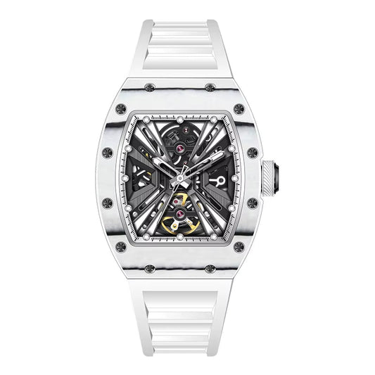 Men'S Trendy Luxury Skeleton Mechanical Watch Luminous Carbon Fiber Barrel - Type with Silicone Band Summer Type - MCROONS.COM