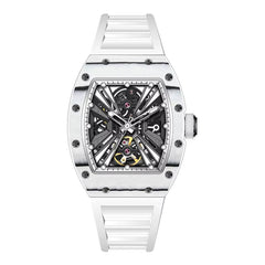 Men'S Trendy Luxury Skeleton Mechanical Watch Luminous Carbon Fiber Barrel-Type with Silicone Band Summer Type