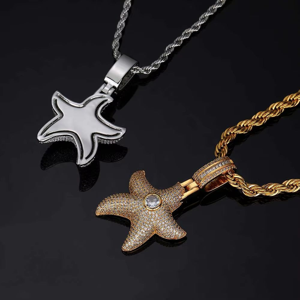 New Arrive Hight Quality Starfish Pendant Full Set 3A Cubic Zirconia Star Shaped Silver Plated Pentagram Charm Pendant - MCROONS.COM