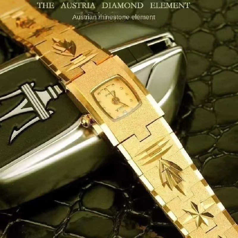New Brass Women'S Watch 24K Gold Watch Gift for Lovers Inlaid Diamonds Small Luxury Retro Carved Vintage Retro - MCROONS.COM