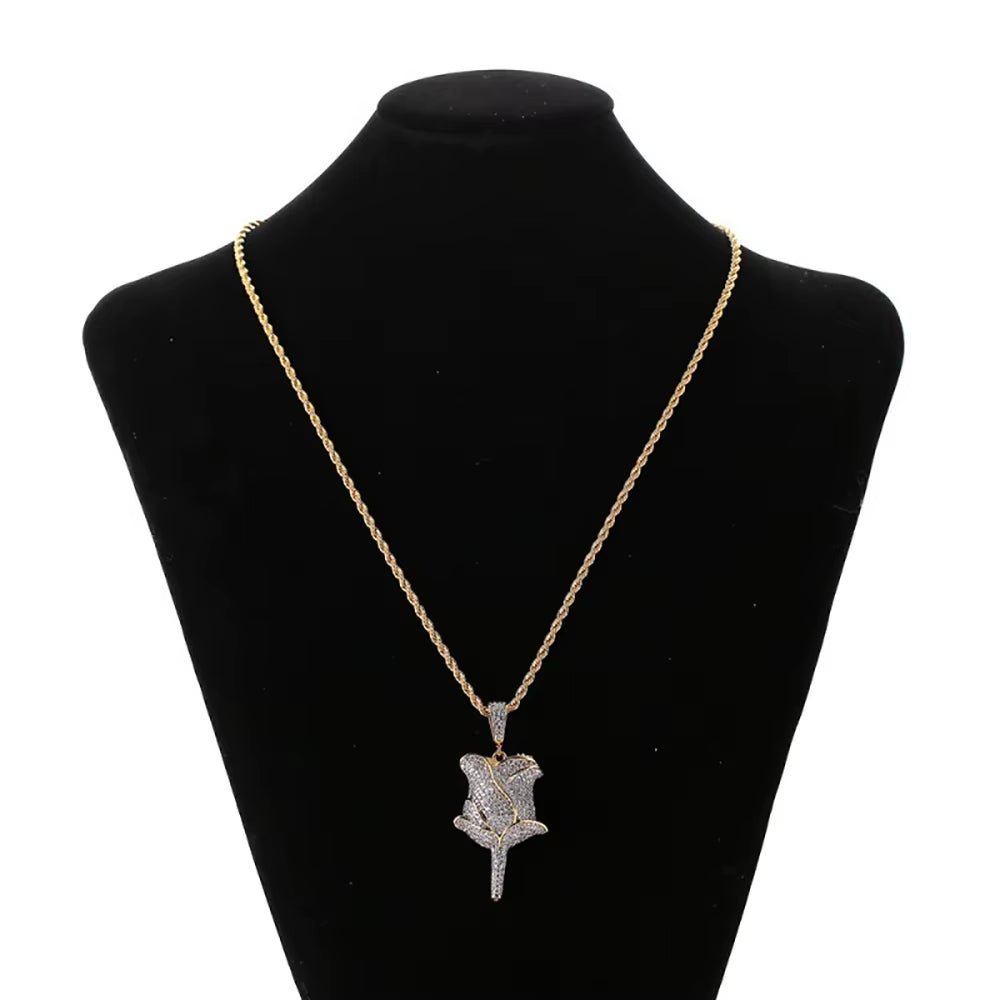 New Hip Hop Style 18K Gold Rose Flower Pendant Necklace Full Pave Zircon Charms for Women Fine Diamond Rose Flower Pendant - MCROONS.COM