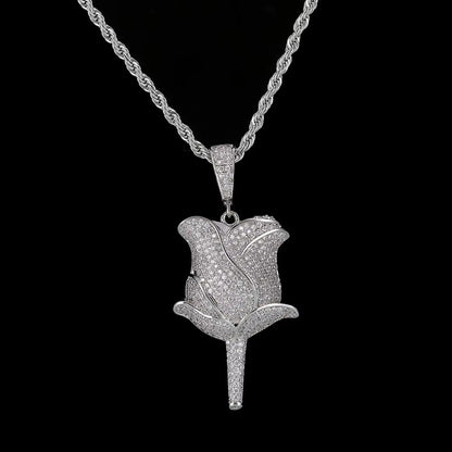 New Hip Hop Style 18K Gold Rose Flower Pendant Necklace Full Pave Zircon Charms for Women Fine Diamond Rose Flower Pendant - MCROONS.COM
