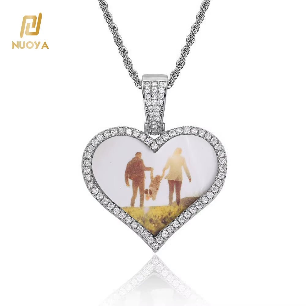 NOUYA Hip Hop Fine Jewelry 925 Sterling Silver Photo Pendant Necklace Heart Photo Moissanite Pendant for Gifts - MCROONS.COM