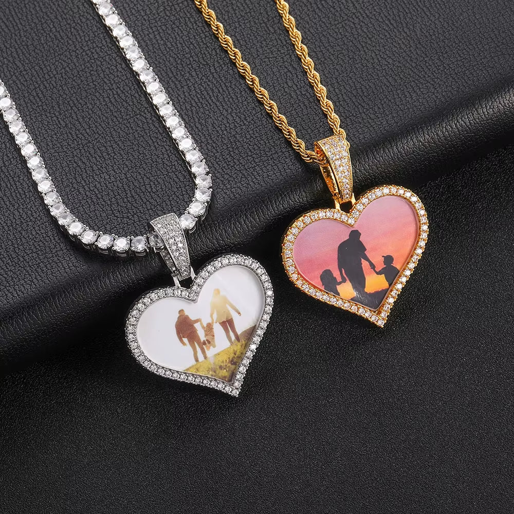 NOUYA Hip Hop Fine Jewelry 925 Sterling Silver Photo Pendant Necklace Heart Photo Moissanite Pendant for Gifts - MCROONS.COM