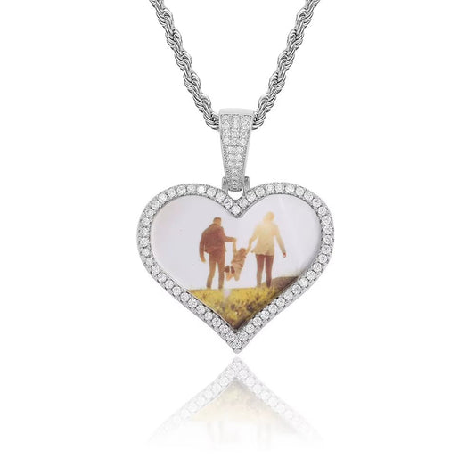 NOUYA Hip Hop Fine Jewelry 925 Sterling Silver Photo Pendant Necklace Heart Photo Moissanite Pendant for Gifts - MCROONS.COM