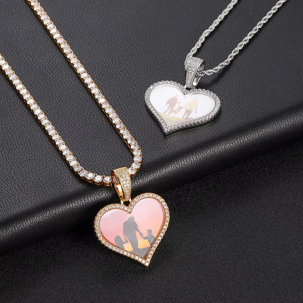 NOUYA Hip Hop Fine Jewelry 925 Sterling Silver Photo Pendant Necklace Heart Photo Moissanite Pendant for Gifts - MCROONS.COM