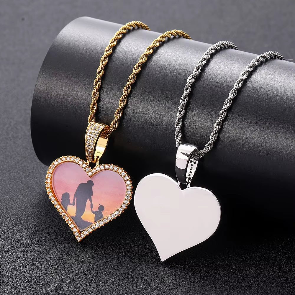 NOUYA Hip Hop Fine Jewelry 925 Sterling Silver Photo Pendant Necklace Heart Photo Moissanite Pendant for Gifts - MCROONS.COM
