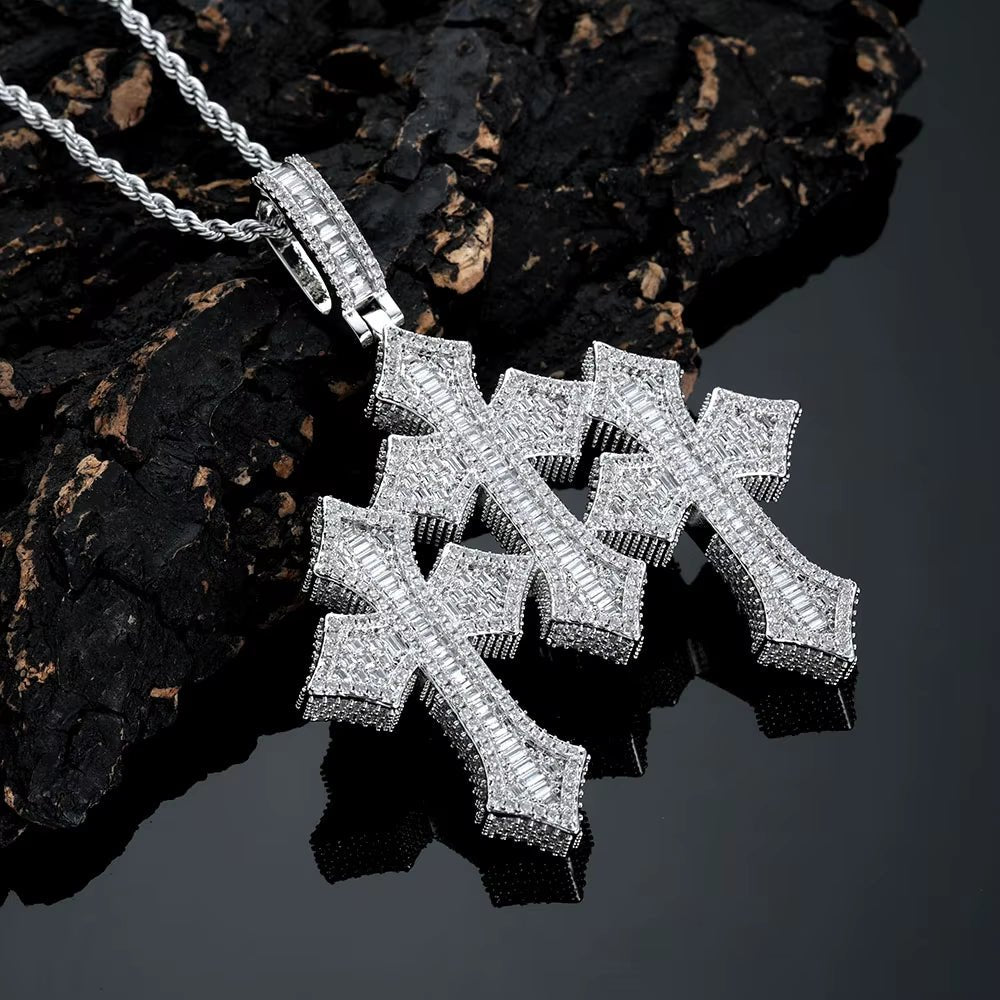 NUOYA Fine Jewelry Pass Diamond Tester Large Hip Hop Pendant for Men Women Iced Out Baguette Moissanite Three Cross Pendant - MCROONS.COM