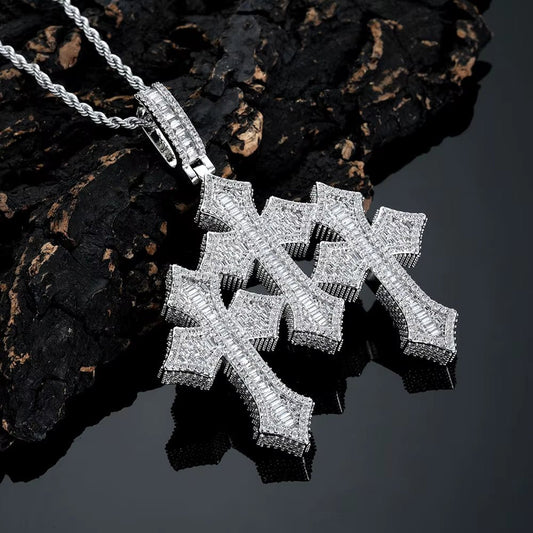 NUOYA Fine Jewelry Pass Diamond Tester Large Hip Hop Pendant for Men Women Iced Out Baguette Moissanite Three Cross Pendant - MCROONS.COM