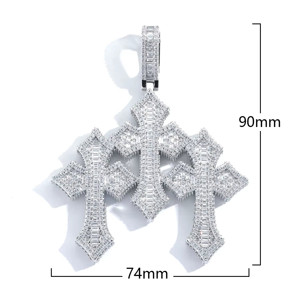 NUOYA Fine Jewelry Pass Diamond Tester Large Hip Hop Pendant for Men Women Iced Out Baguette Moissanite Three Cross Pendant - MCROONS.COM