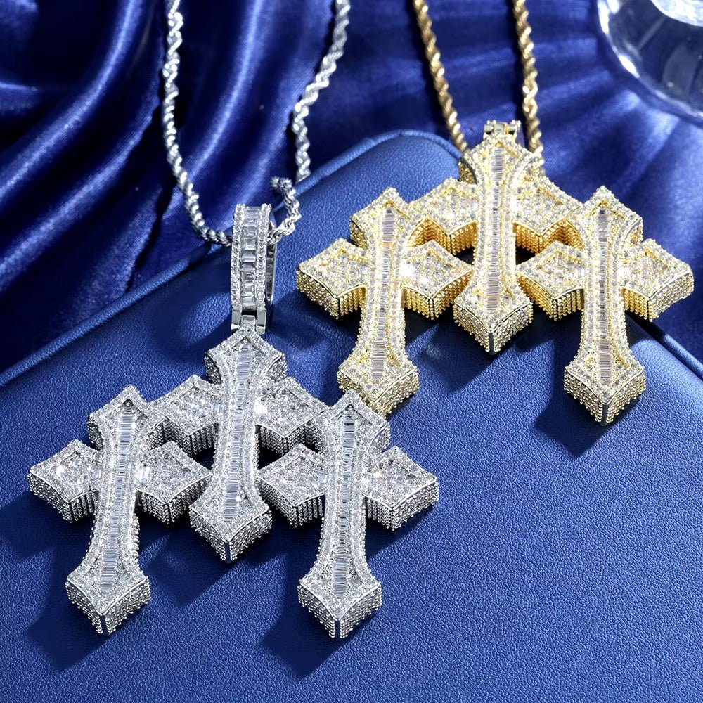 NUOYA Fine Jewelry Pass Diamond Tester Large Hip Hop Pendant for Men Women Iced Out Baguette Moissanite Three Cross Pendant - MCROONS.COM