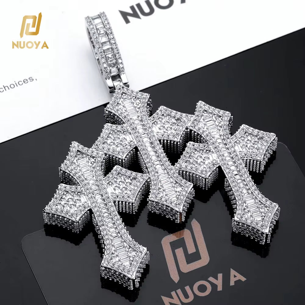 NUOYA Fine Jewelry Pass Diamond Tester Large Hip Hop Pendant for Men Women Iced Out Baguette Moissanite Three Cross Pendant - MCROONS.COM