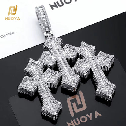 NUOYA Fine Jewelry Pass Diamond Tester Large Hip Hop Pendant for Men Women Iced Out Baguette Moissanite Three Cross Pendant - MCROONS.COM