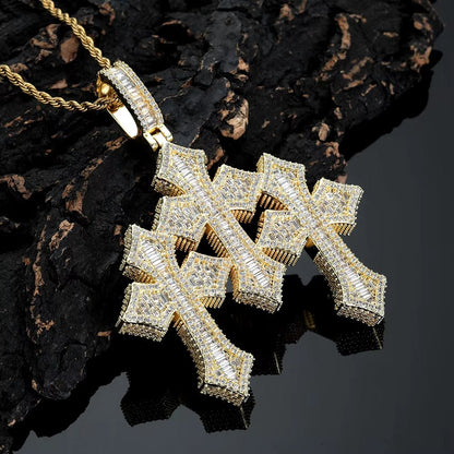 NUOYA Fine Jewelry Pass Diamond Tester Large Hip Hop Pendant for Men Women Iced Out Baguette Moissanite Three Cross Pendant - MCROONS.COM