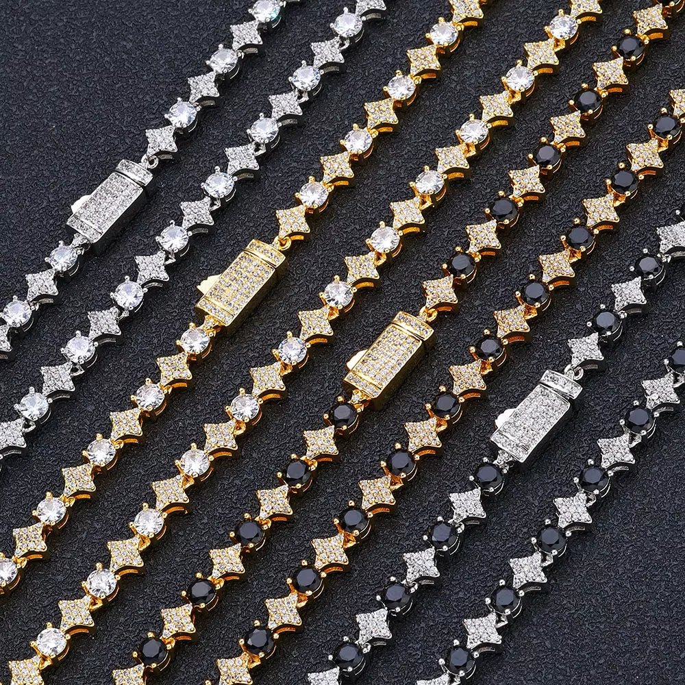 NUOYA Iced Out Tennis Chain Necklace 6Mm Spring Lock Clasp round Zircon Star Design Sparkling Diamond Hip Hop Jewelry - MCROONS.COM