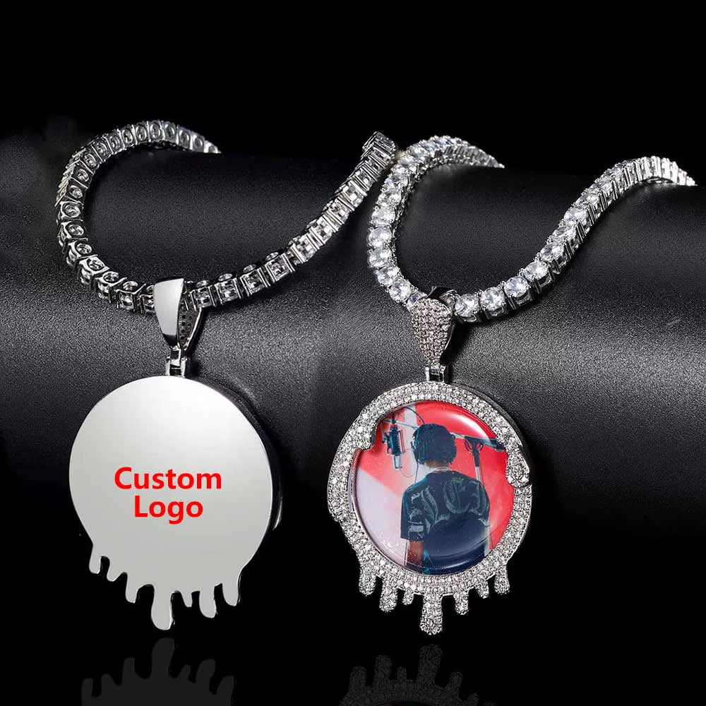 NUOYA Iced Out VVS Moissanite Droplet round Photo Pendant 925 Silver Hip Hop Jewelry Custom Memory Pendant with Picture - MCROONS.COM