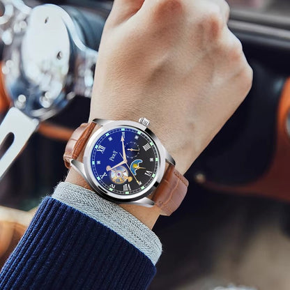 PIOUY D Moon Phase Skeleton Mechanical Wrist Watch Mens Luxury Automatic Tourbillon Genuine Leather Strap Wristwatch - MCROONS.COM