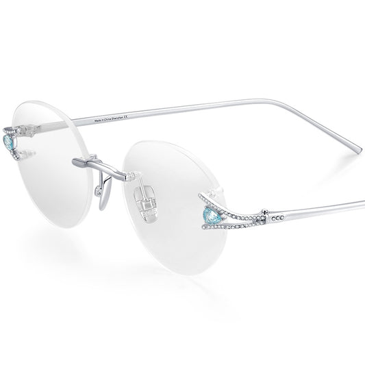 Sterling Silver Diamond Rimless Round Optical Glasses Frame - MCROONS - Blue Silver