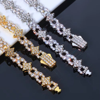 Silver Bracelet Spring Lock Clasp Iced Out VVS Moissanite Four Pointed Star Infinite Design Hip Hop Fine Jewelry - MCROONS.COM