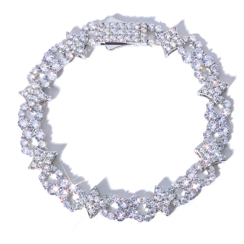 Silver Bracelet Spring Lock Clasp Iced Out VVS Moissanite Four Pointed Star Infinite Design Hip Hop Fine Jewelry - MCROONS.COM