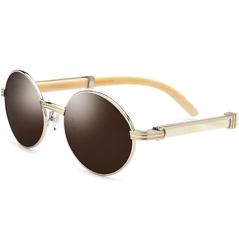 Vintage Round Sunglasses with Buffalo Horn Temple - Tea - MCROONS