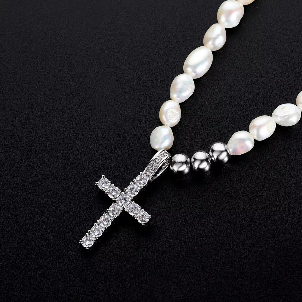 Trendy Men'S Pearl Necklace with Iced Cross Pendant Silver Stainless Steel Beaded Chain for Hip Hop Jewelry Gift - MCROONS.COM