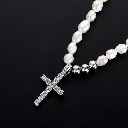 Trendy Men'S Pearl Necklace with Iced Cross Pendant Silver Stainless Steel Beaded Chain for Hip Hop Jewelry Gift - MCROONS.COM