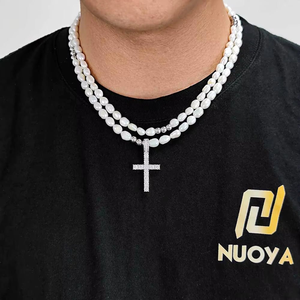 Trendy Men'S Pearl Necklace with Iced Cross Pendant Silver Stainless Steel Beaded Chain for Hip Hop Jewelry Gift - MCROONS.COM