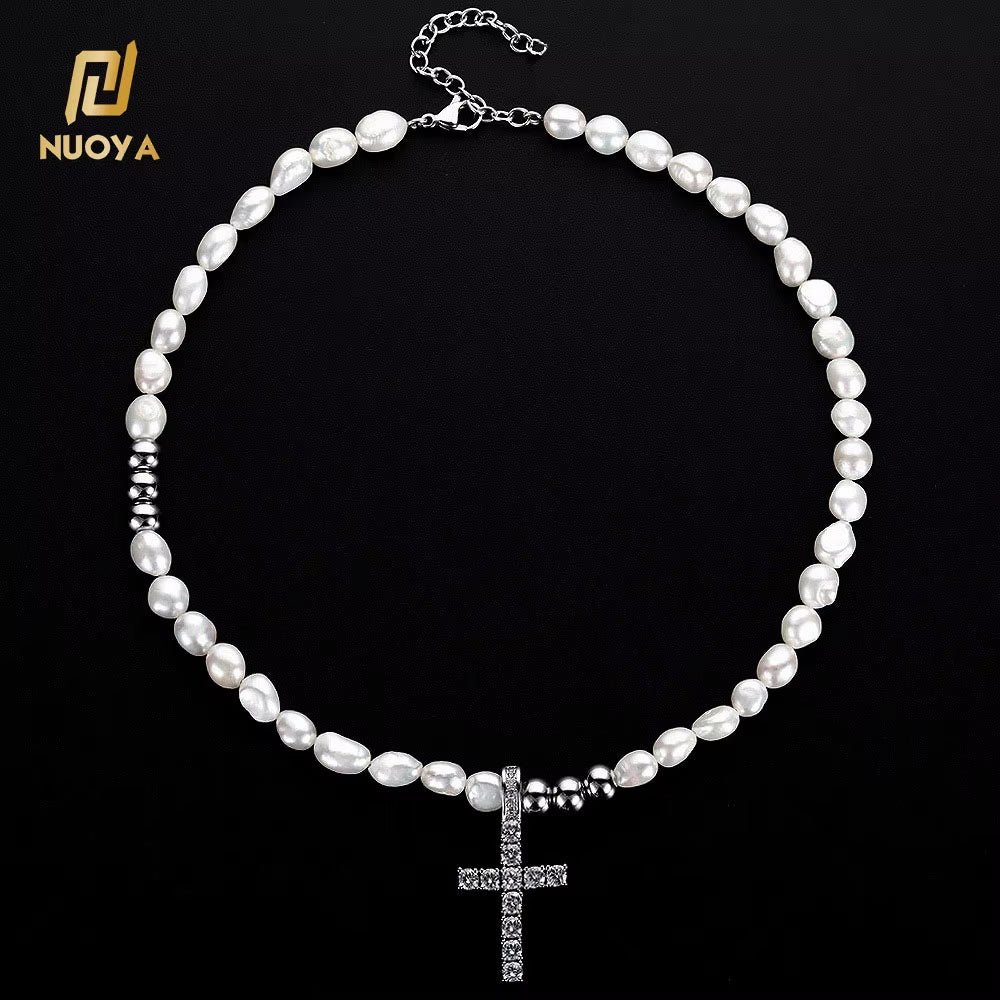 Trendy Men'S Pearl Necklace with Iced Cross Pendant Silver Stainless Steel Beaded Chain for Hip Hop Jewelry Gift - MCROONS.COM