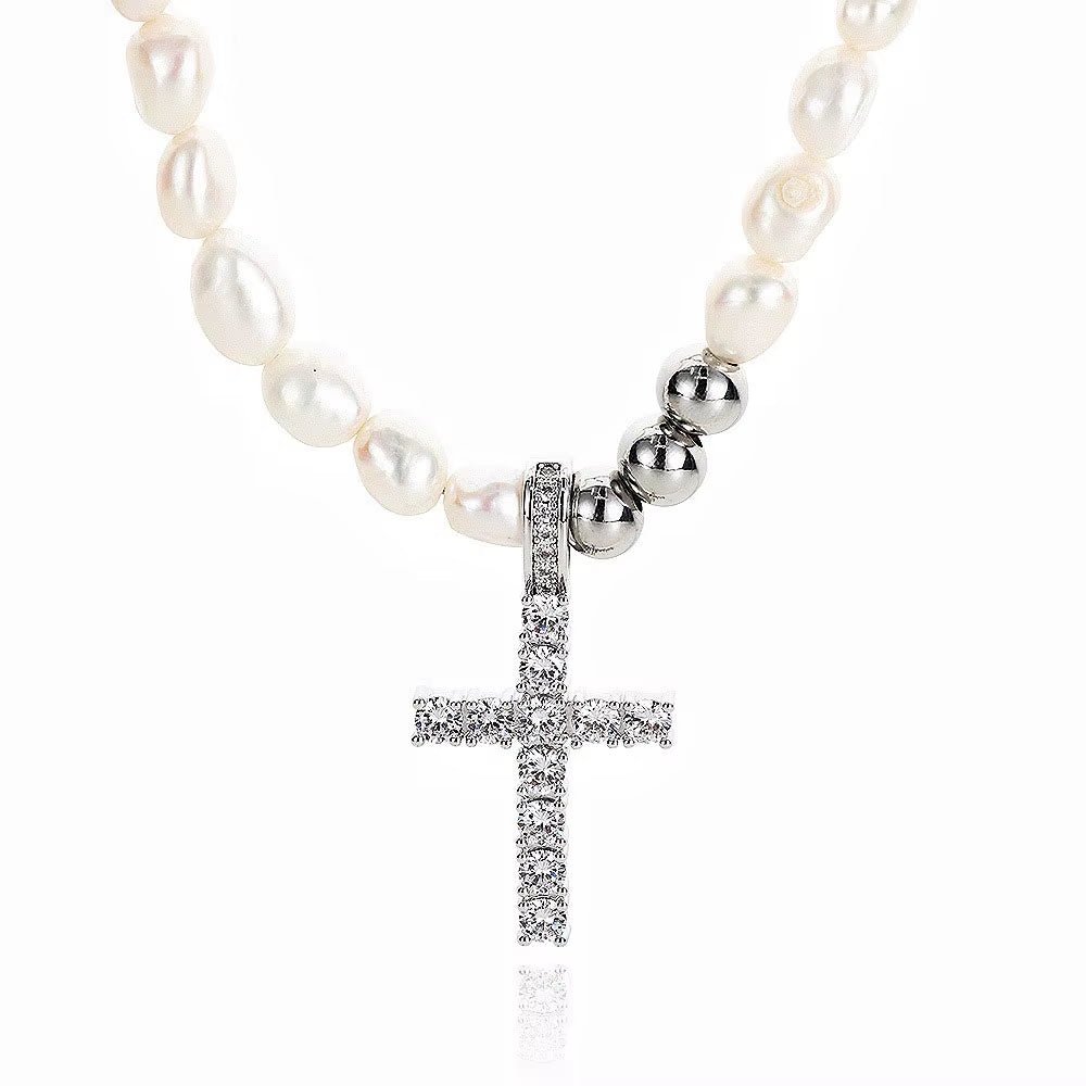 Trendy Men'S Pearl Necklace with Iced Cross Pendant Silver Stainless Steel Beaded Chain for Hip Hop Jewelry Gift - MCROONS.COM