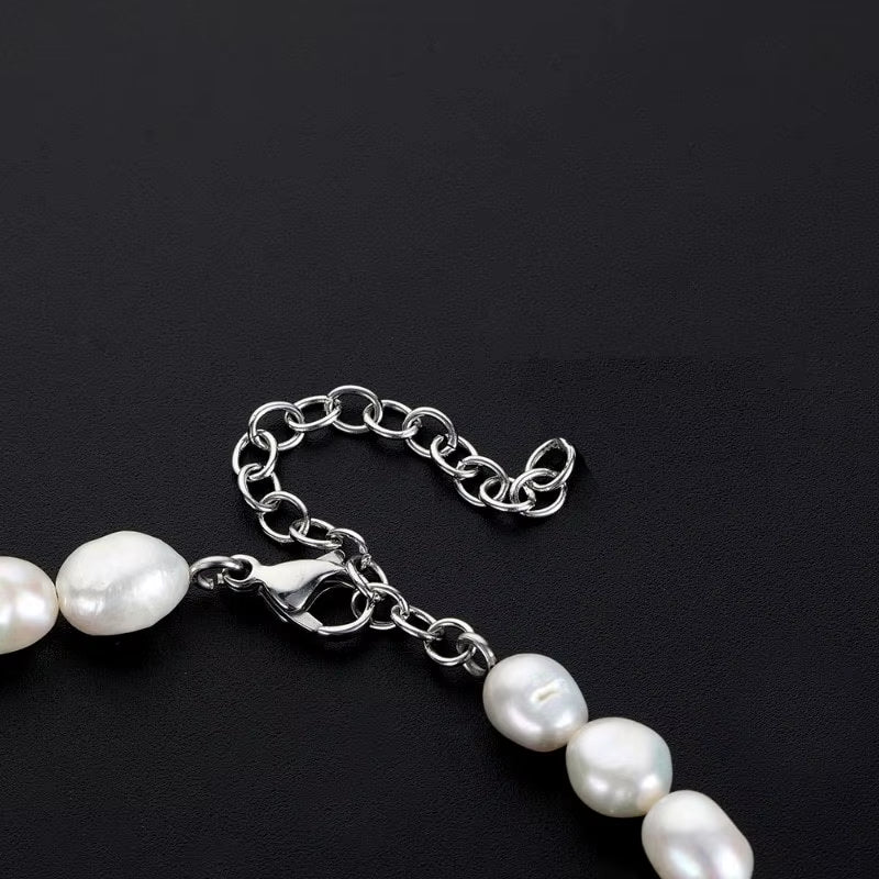 Trendy Men'S Pearl Necklace with Iced Cross Pendant Silver Stainless Steel Beaded Chain for Hip Hop Jewelry Gift - MCROONS.COM