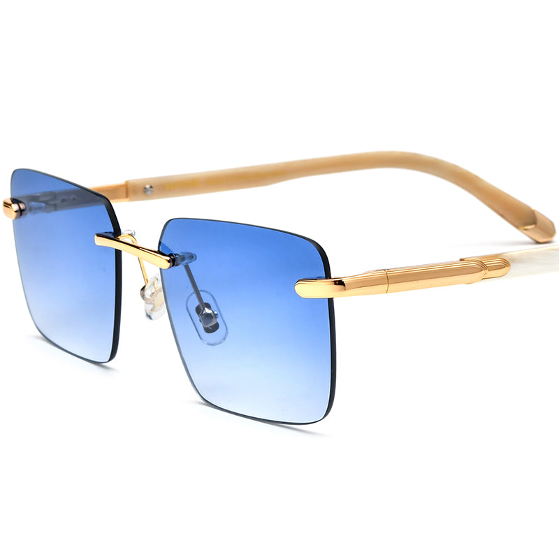Rimless Square Sunglasses with Buffalo Horn Temple - White Blue Lens - MCROONS