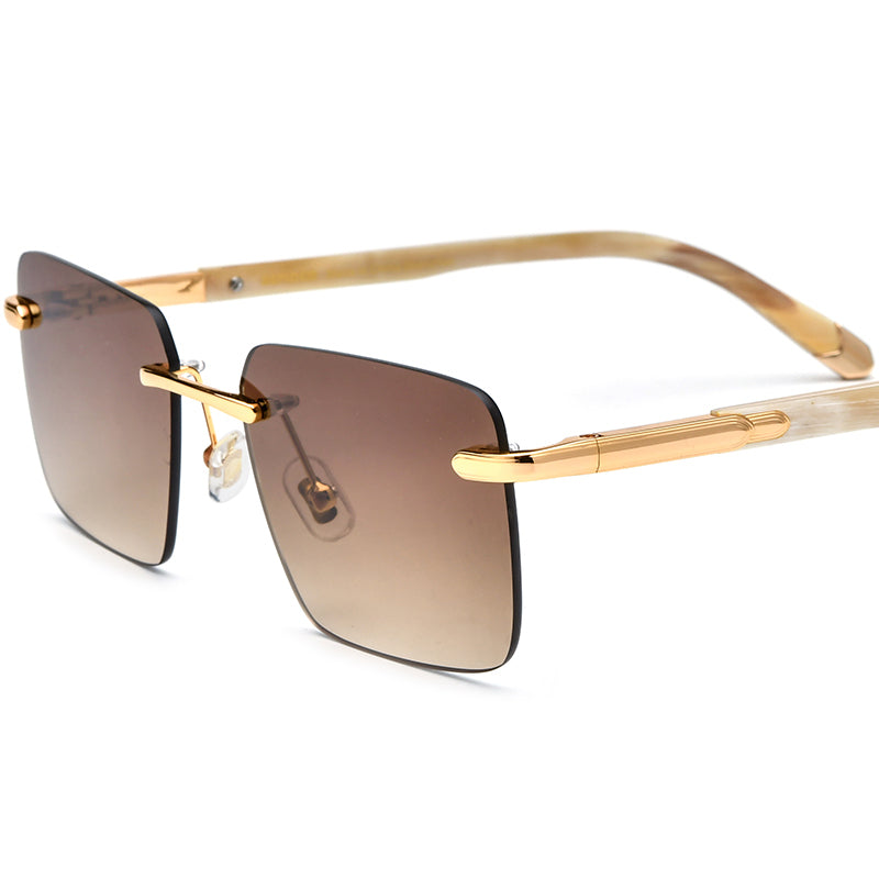 Rimless Square Sunglasses with Buffalo Horn Temple - White Brown Lens - MCROONS