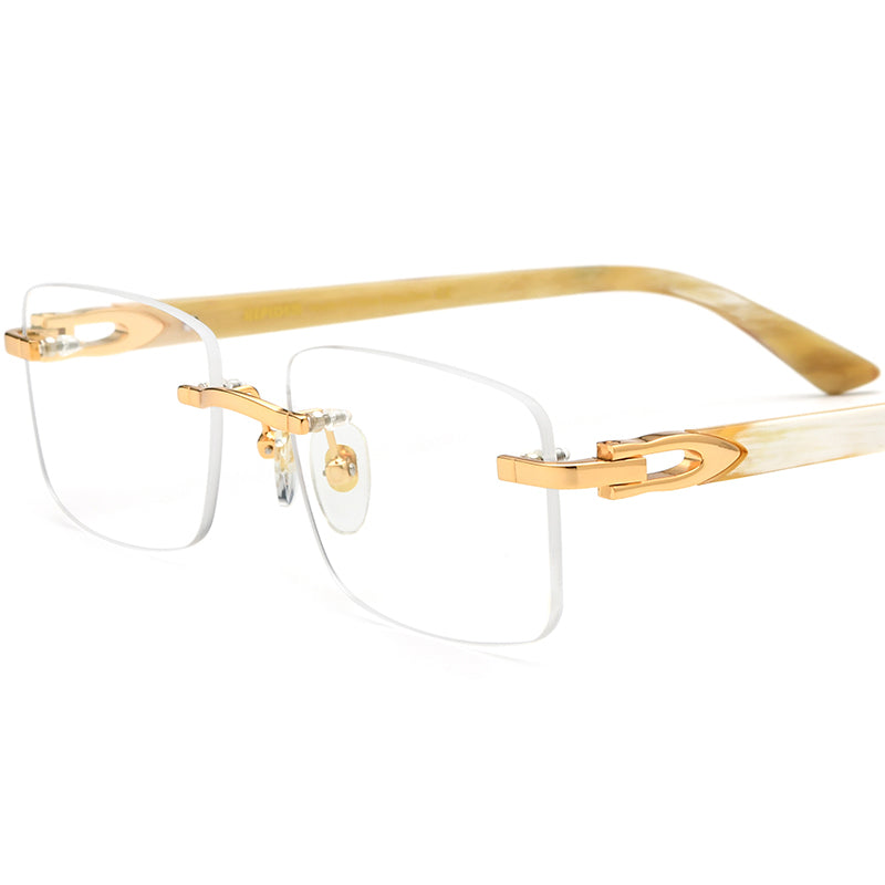 Rimless Square Optical Glasses with Buffalo Horn Temple - White - MCROONS