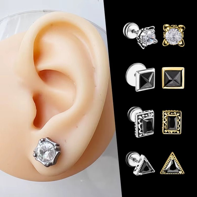 Wholesale Punk Style Single Zircon Prong Earrings Stainless Steel Vintage Obsidian Men Earrings - MCROONS.COM