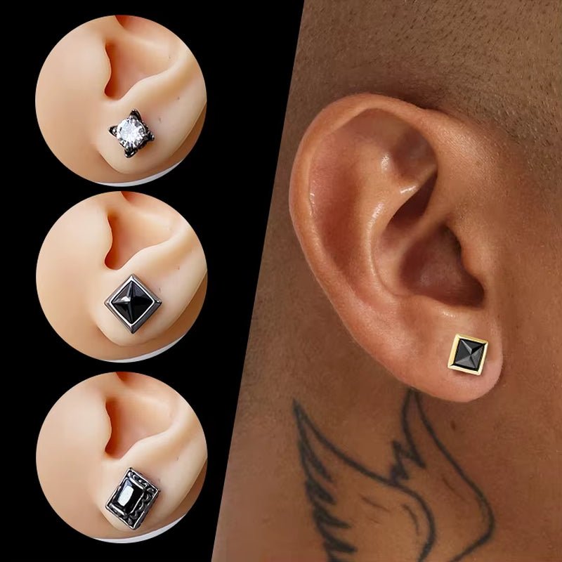 Wholesale Punk Style Single Zircon Prong Earrings Stainless Steel Vintage Obsidian Men Earrings - MCROONS.COM