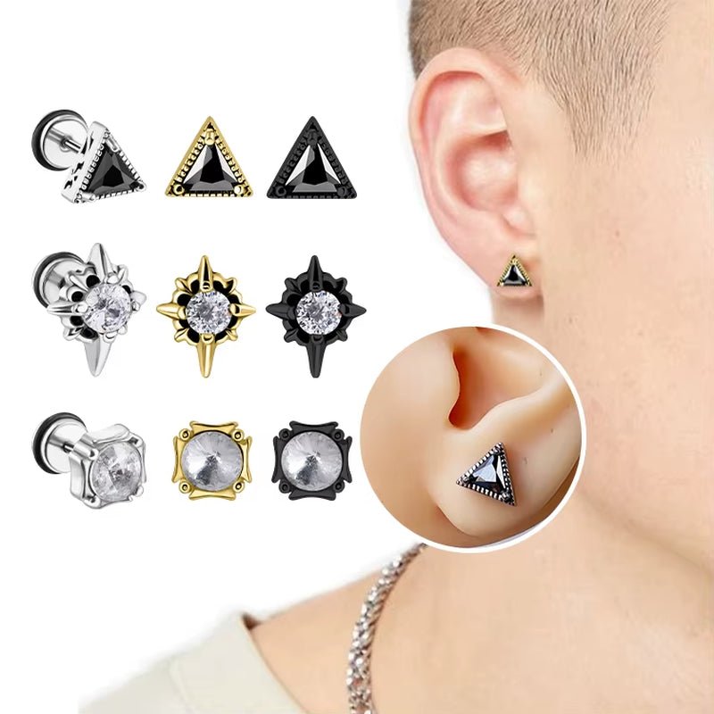 Wholesale Punk Style Single Zircon Prong Earrings Stainless Steel Vintage Obsidian Men Earrings - MCROONS.COM